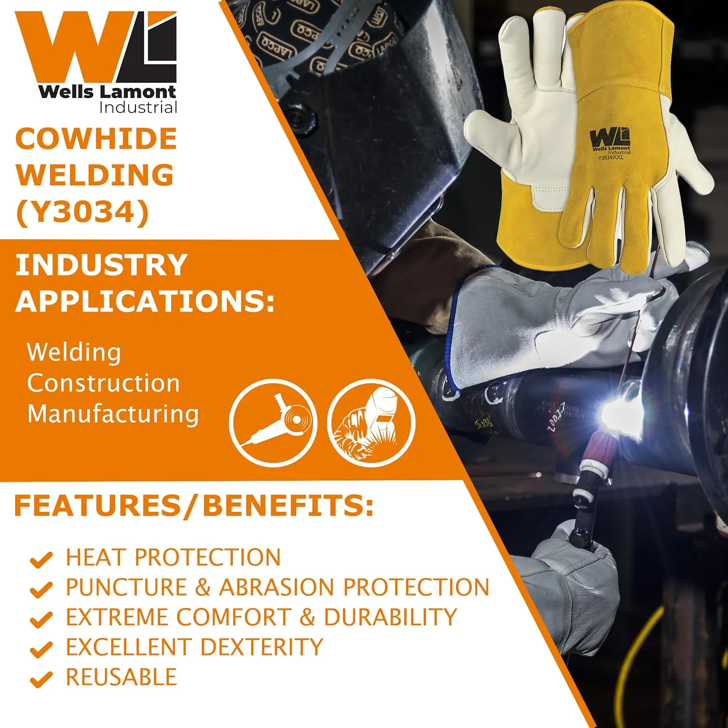 Premium Cowhide Leather Mig Welding Glove | Para-Aramid Lined - Welding, Manufacturing, Construction