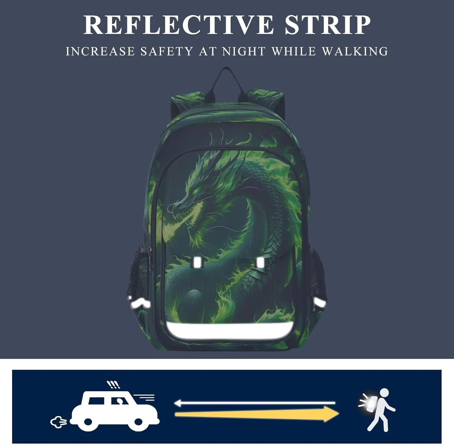 Primary Middle School Backpack Kids Book Bags for Boys Girls Sturdy Waterproof Daypack Fire Dragon Abstract Green Fire Dragon