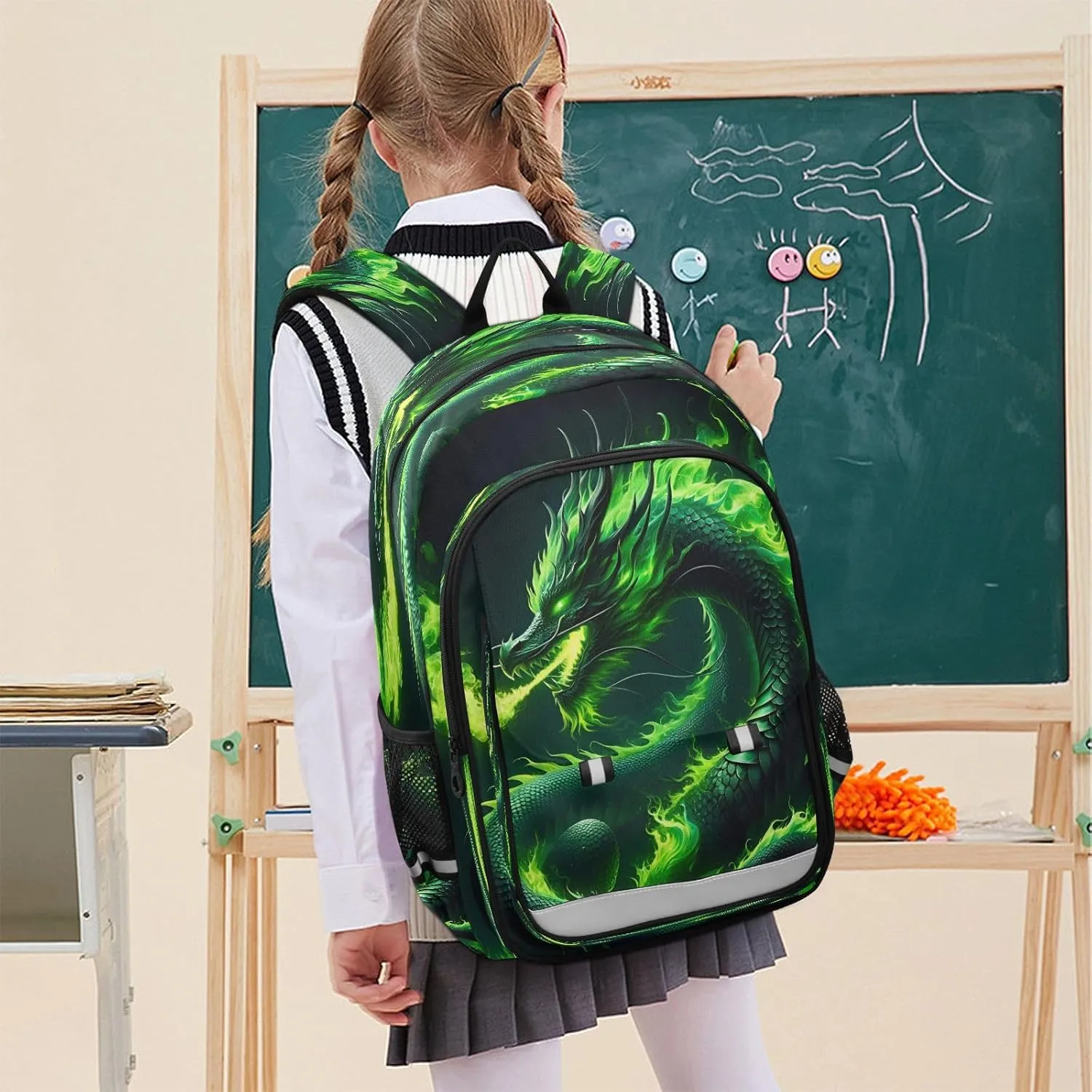 Primary Middle School Backpack Kids Book Bags for Boys Girls Sturdy Waterproof Daypack Fire Dragon Abstract Green Fire Dragon