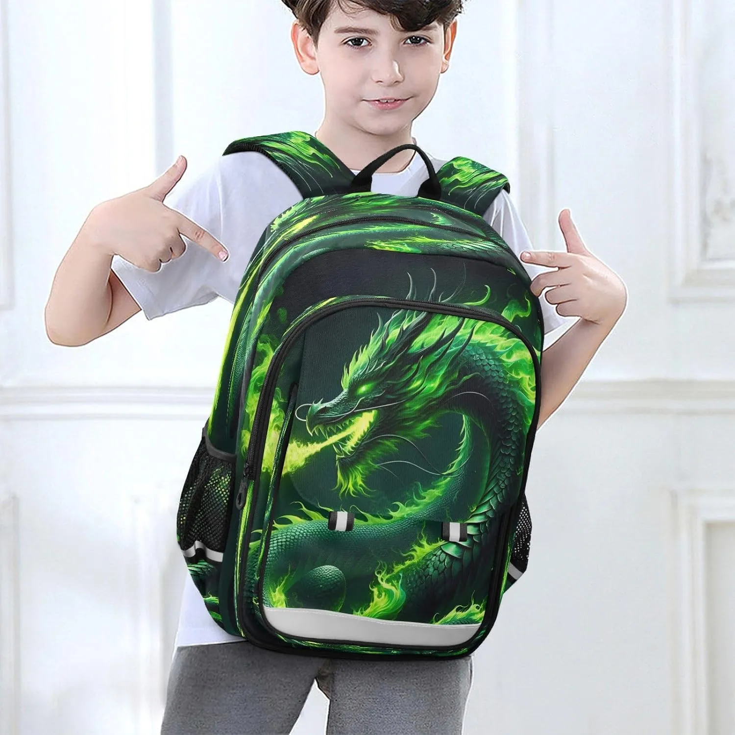 Primary Middle School Backpack Kids Book Bags for Boys Girls Sturdy Waterproof Daypack Fire Dragon Abstract Green Fire Dragon