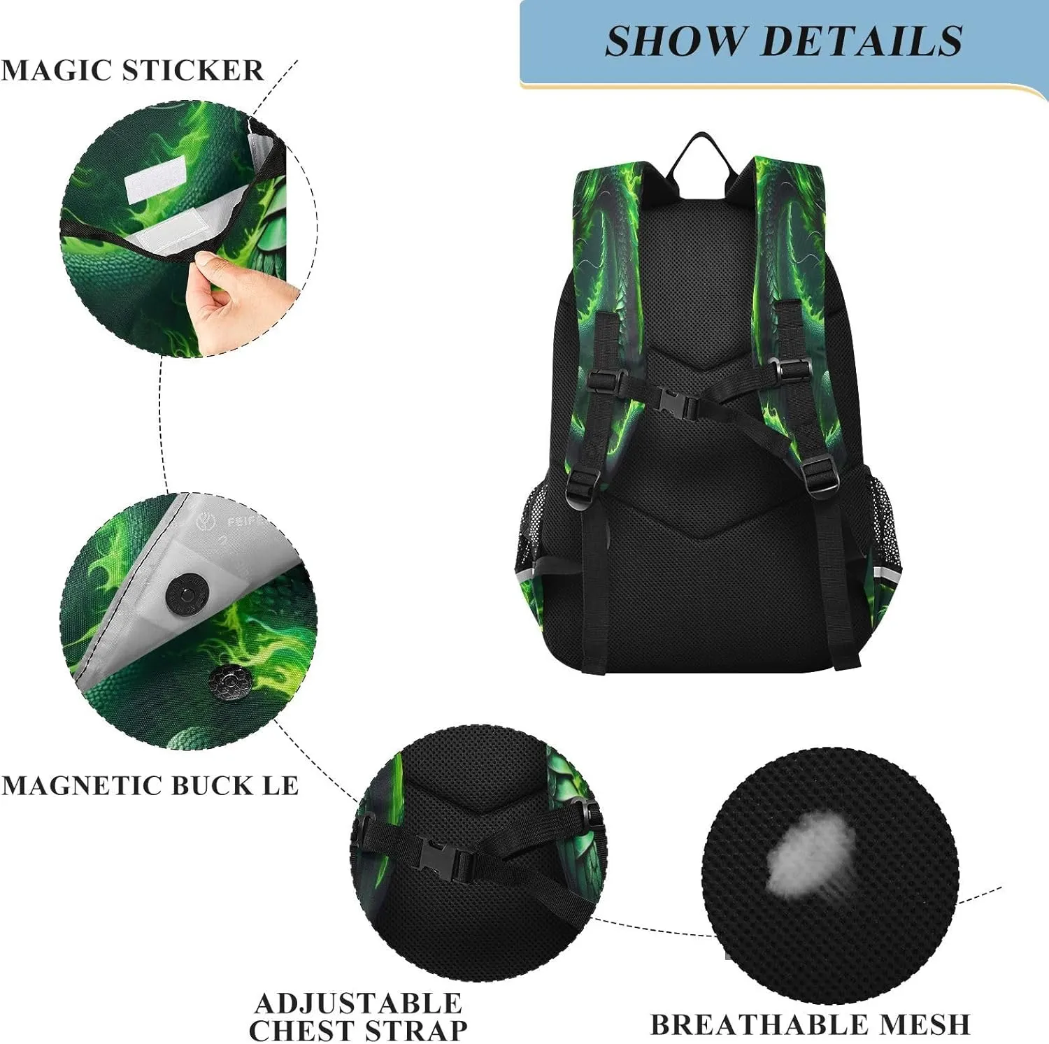 Primary Middle School Backpack Kids Book Bags for Boys Girls Sturdy Waterproof Daypack Fire Dragon Abstract Green Fire Dragon