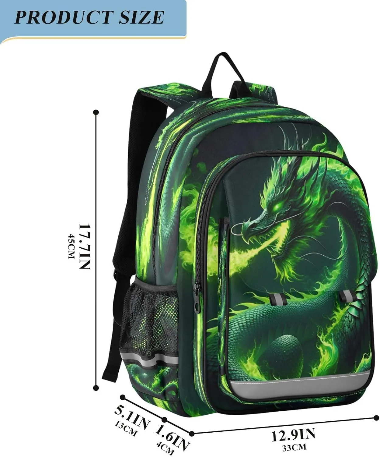 Primary Middle School Backpack Kids Book Bags for Boys Girls Sturdy Waterproof Daypack Fire Dragon Abstract Green Fire Dragon