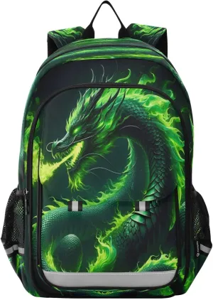 Primary Middle School Backpack Kids Book Bags for Boys Girls Sturdy Waterproof Daypack Fire Dragon Abstract Green Fire Dragon
