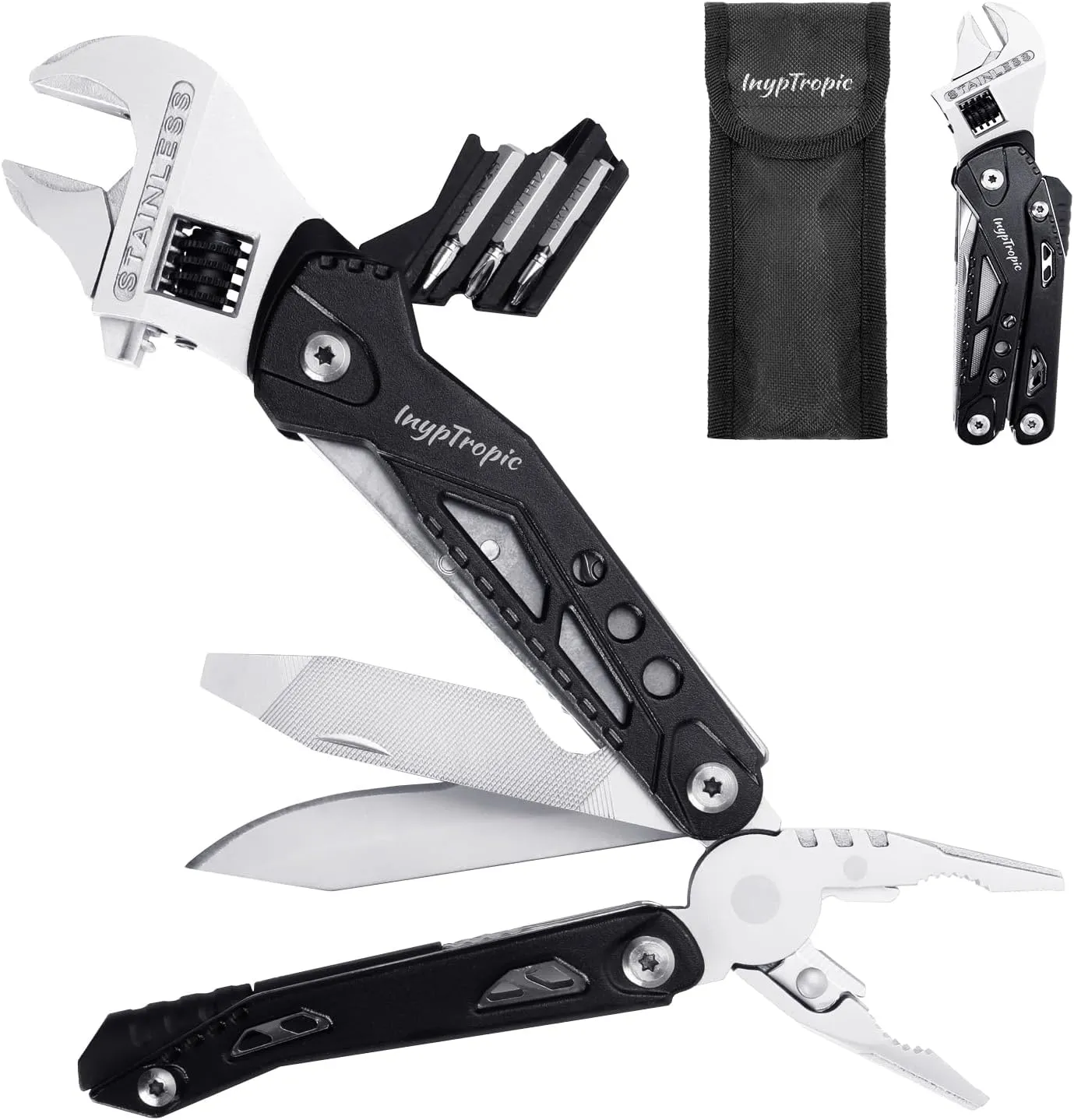 Professional Adjustable Multitool, Foldable Screwdriver with 14-in-1 Multi Tool Kit, Compact Portable Design for Home Repair, Outdoor Camping, Emergency Survival (Silver black)