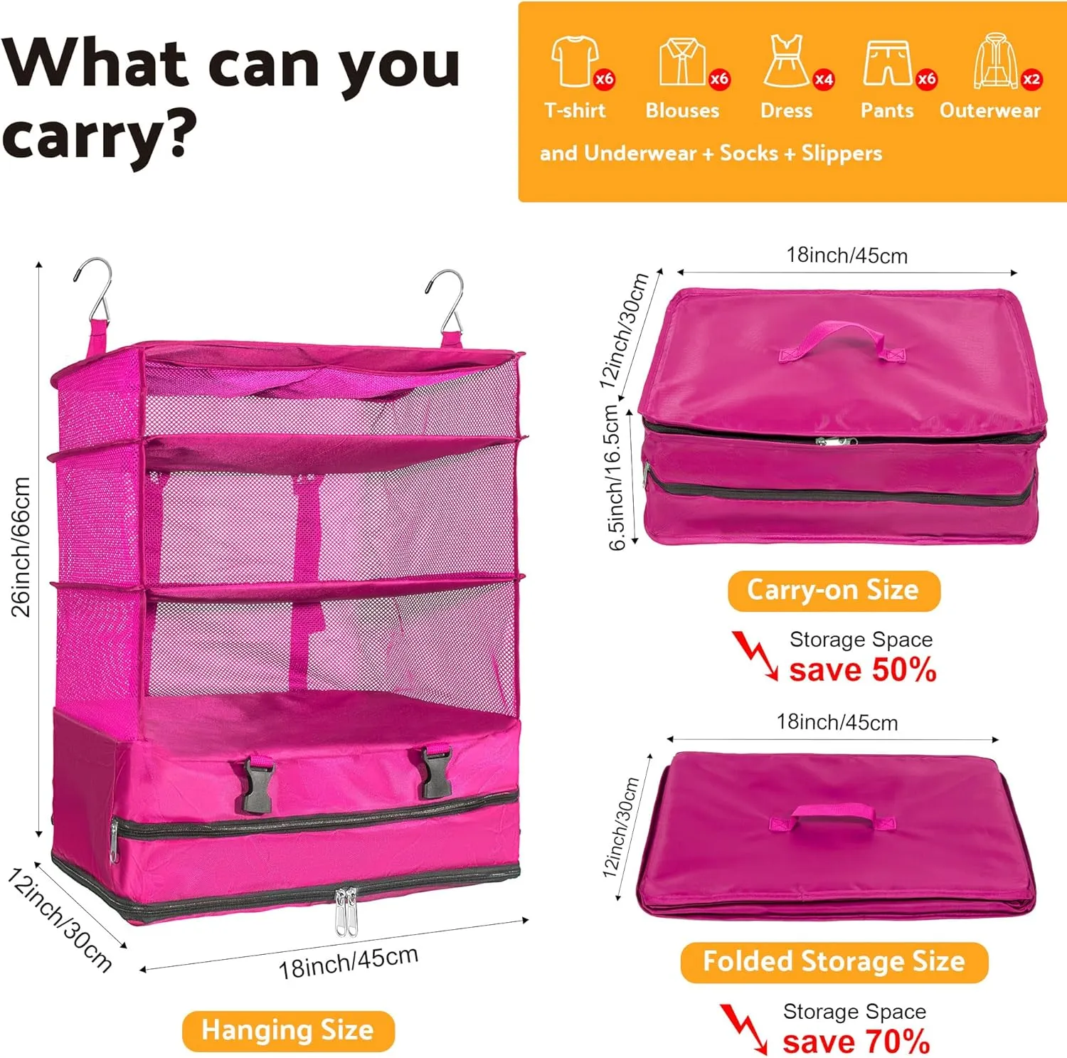 Protable Hanging Travel Shelf Bag, Expandable Packing Cube, Luggage Packing Organizer,X-Large Carry-On Closet with 4-Shelf & 2 Hooks, Suitcase Organizer Bag for Hotel, Bedroom, RV (Red)