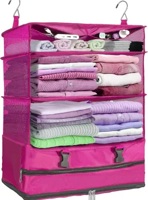Protable Hanging Travel Shelf Bag, Expandable Packing Cube, Luggage Packing Organizer,X-Large Carry-On Closet with 4-Shelf & 2 Hooks, Suitcase Organizer Bag for Hotel, Bedroom, RV (Red)