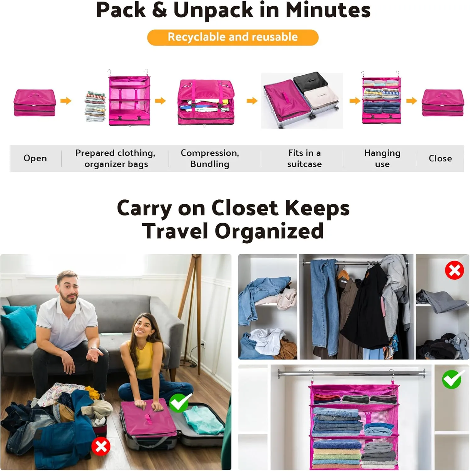 Protable Hanging Travel Shelf Bag, Expandable Packing Cube, Luggage Packing Organizer,X-Large Carry-On Closet with 4-Shelf & 2 Hooks, Suitcase Organizer Bag for Hotel, Bedroom, RV (Red)