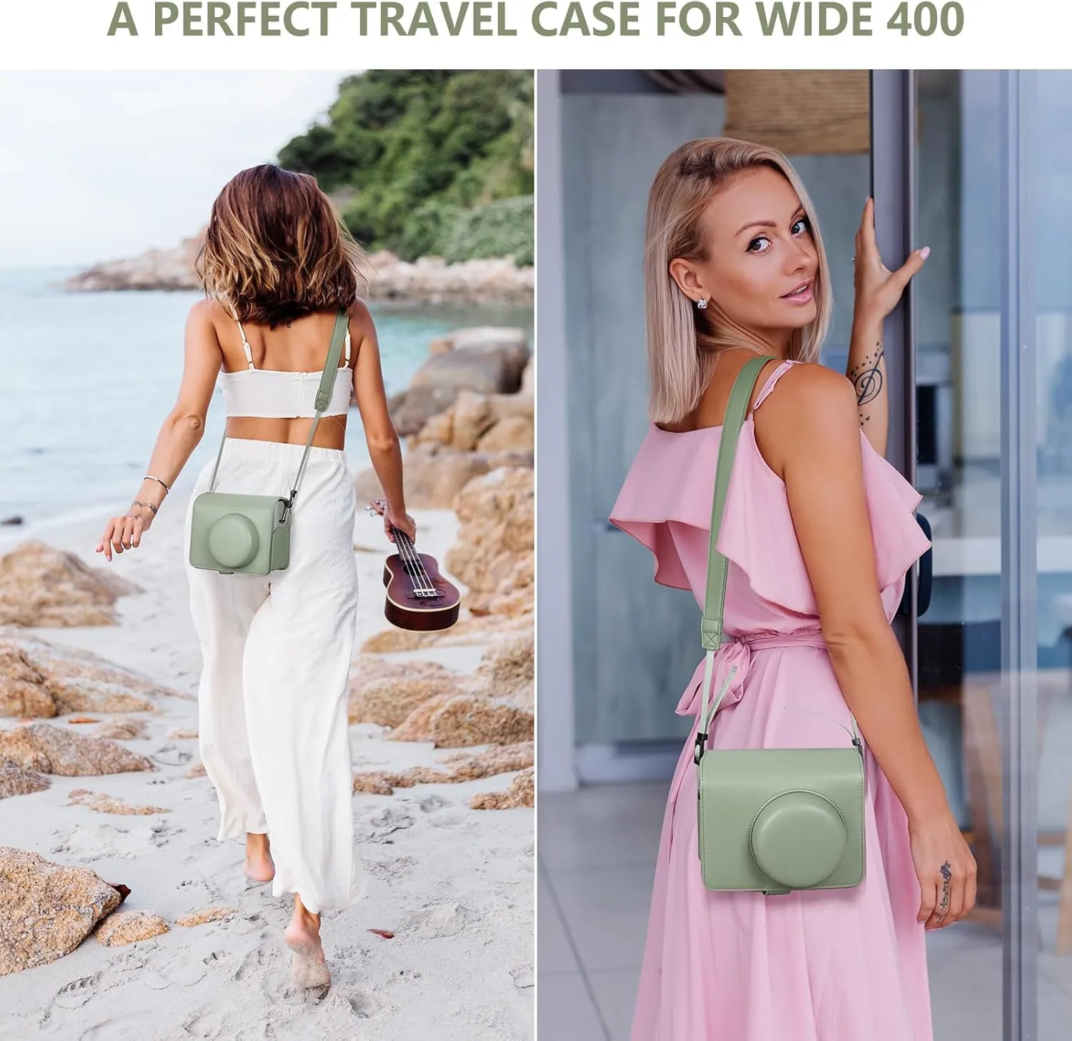 Protective Leather Case Compatible with Fujifilm Instax Wide 400 Instant Camera, for Instax Wide 400 Camera Case with Shoulder Strap - Green