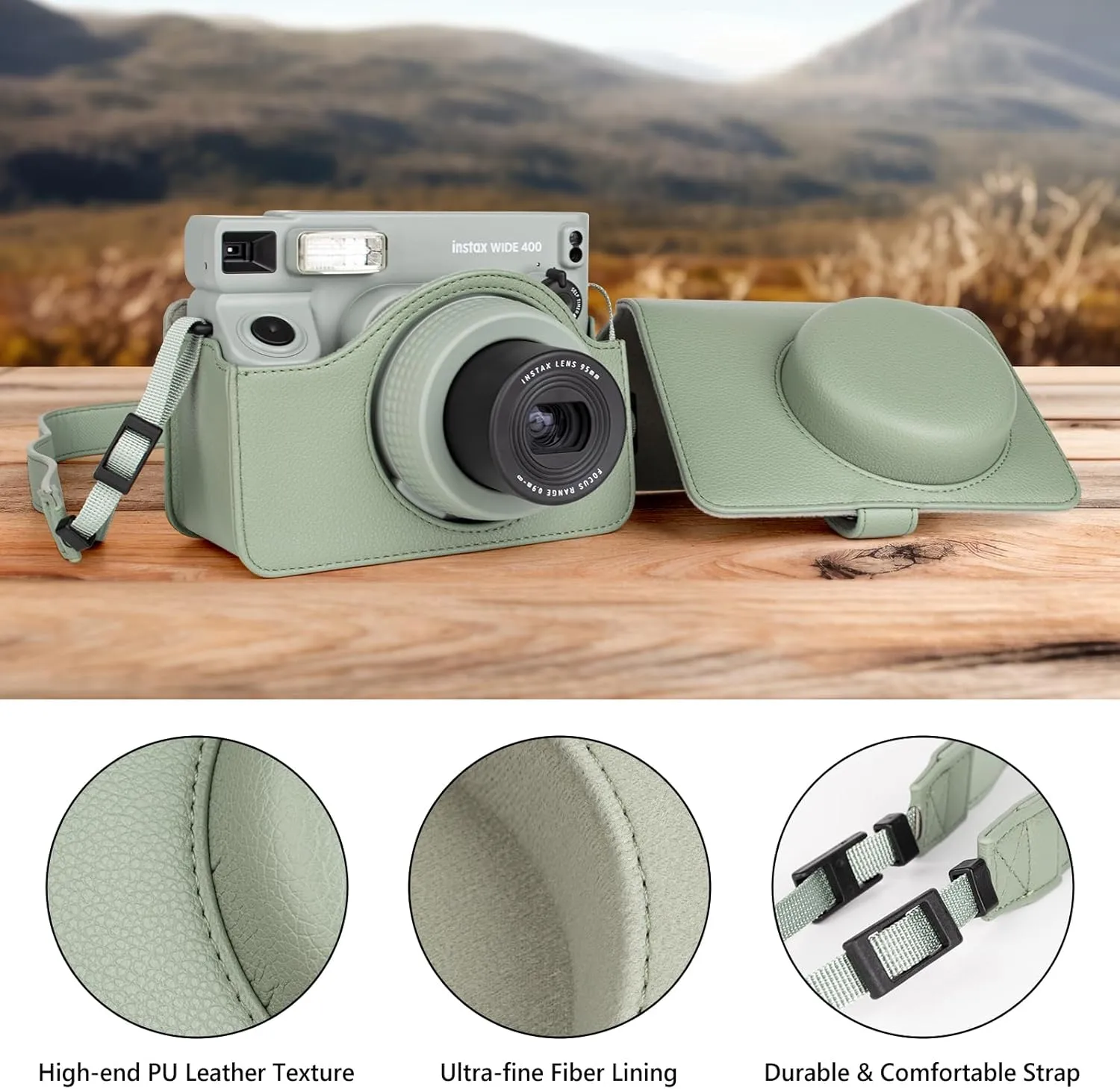 Protective Leather Case Compatible with Fujifilm Instax Wide 400 Instant Camera, for Instax Wide 400 Camera Case with Shoulder Strap - Green