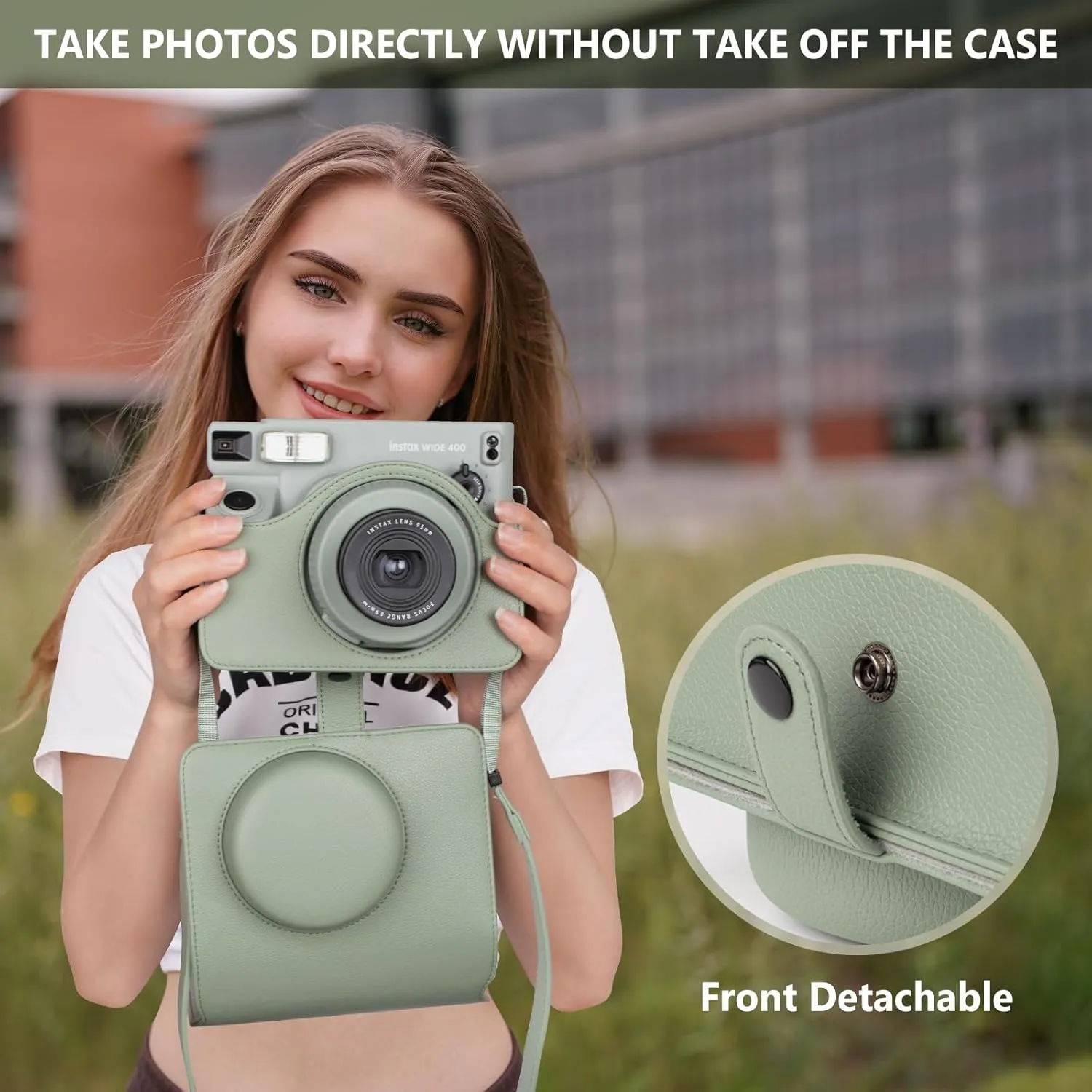 Protective Leather Case Compatible with Fujifilm Instax Wide 400 Instant Camera, for Instax Wide 400 Camera Case with Shoulder Strap - Green