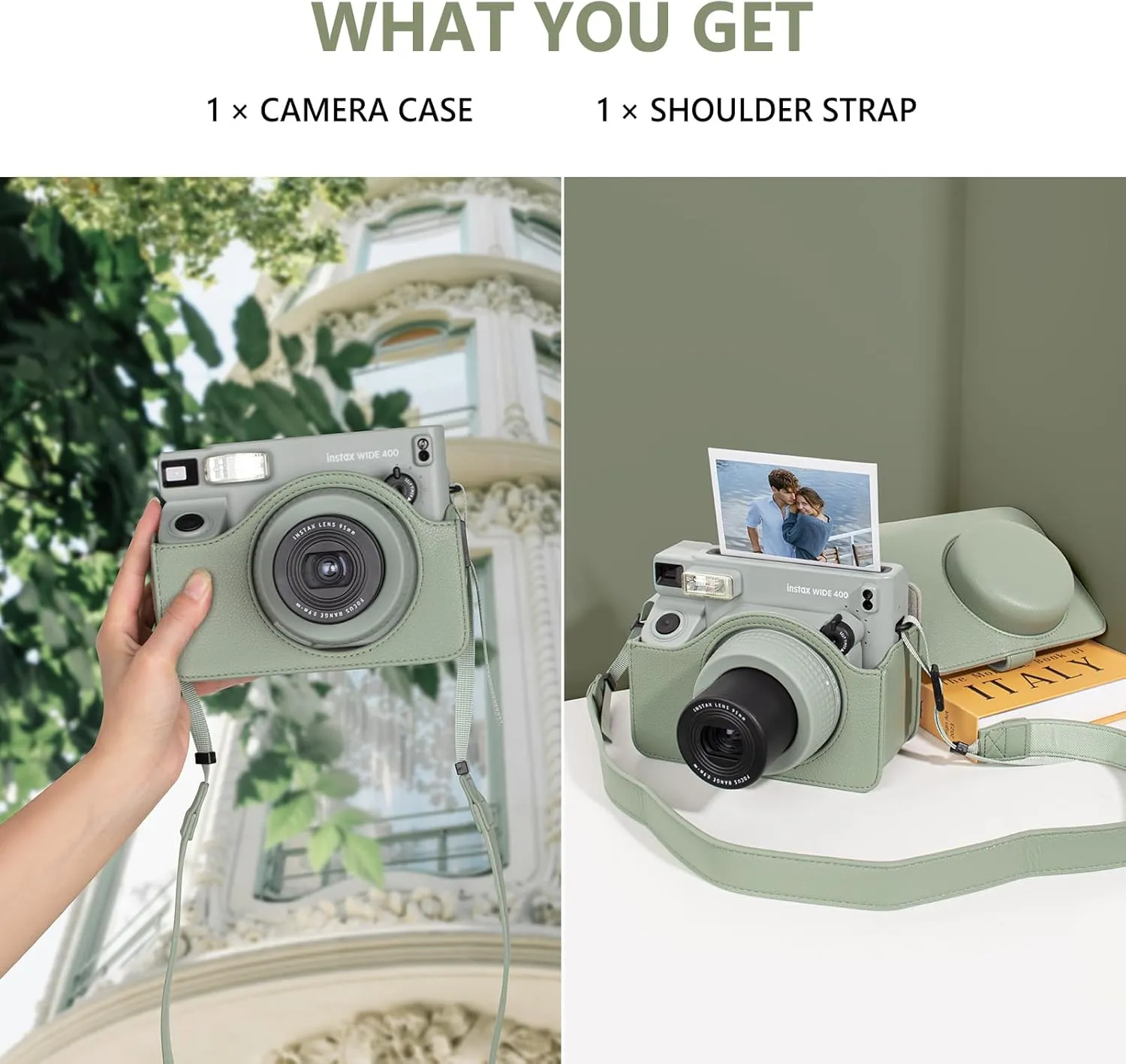 Protective Leather Case Compatible with Fujifilm Instax Wide 400 Instant Camera, for Instax Wide 400 Camera Case with Shoulder Strap - Green