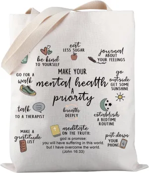PWHAOO Mental Health Priority Tote Bag Mental Health Awareness Shoulder Bag Mental Inspirational Gift Therapist Gift