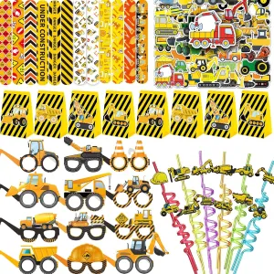 QICI 98pcs Construction Party Favors Supplies -Reusable Drinking straws Masks&Slap Bracelets Bags&Stickers Gifts for Kids Birthday Party Decorations Construction Themed Goody Bag Treat Bag Stuff