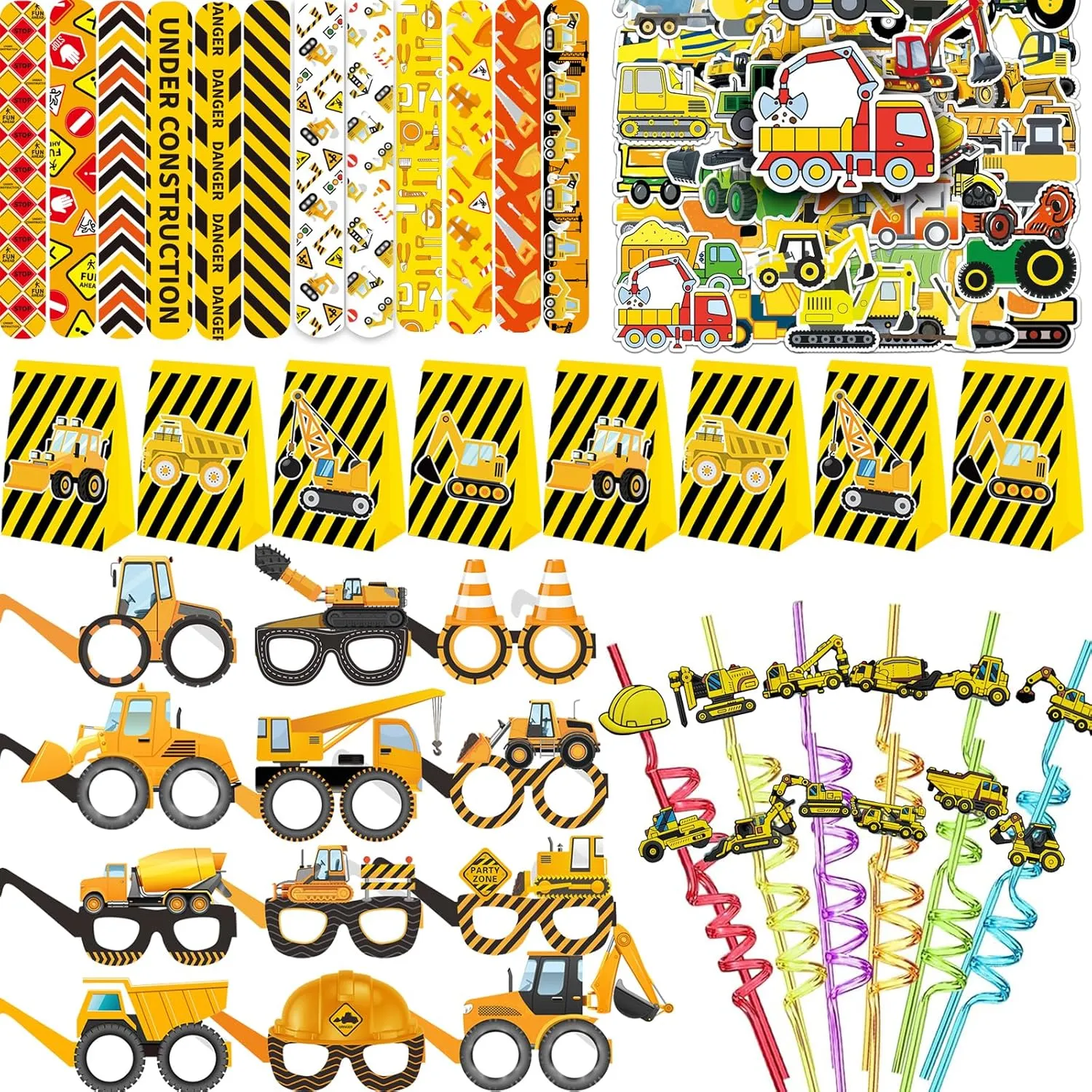 QICI 98pcs Construction Party Favors Supplies -Reusable Drinking straws Masks&Slap Bracelets Bags&Stickers Gifts for Kids Birthday Party Decorations Construction Themed Goody Bag Treat Bag Stuff