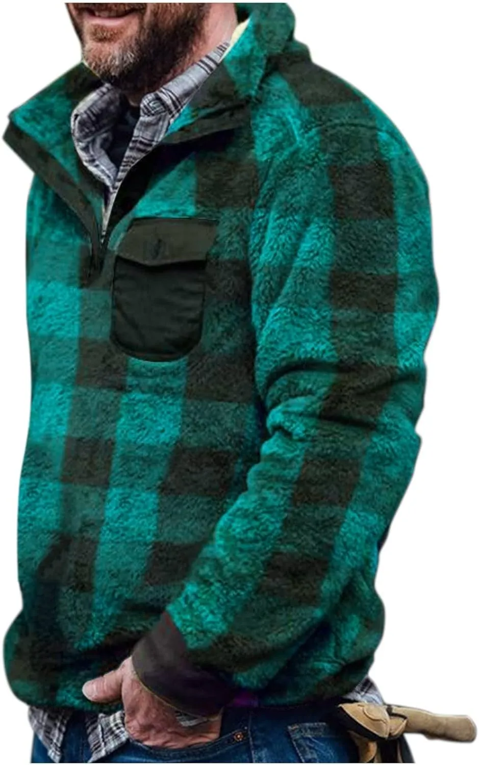 Quilted Lined Flannel Shirt Jacket for Men Hooded Zipper Pocket Long Sleeve Shirt Patchwork Flannel Shirt for Men