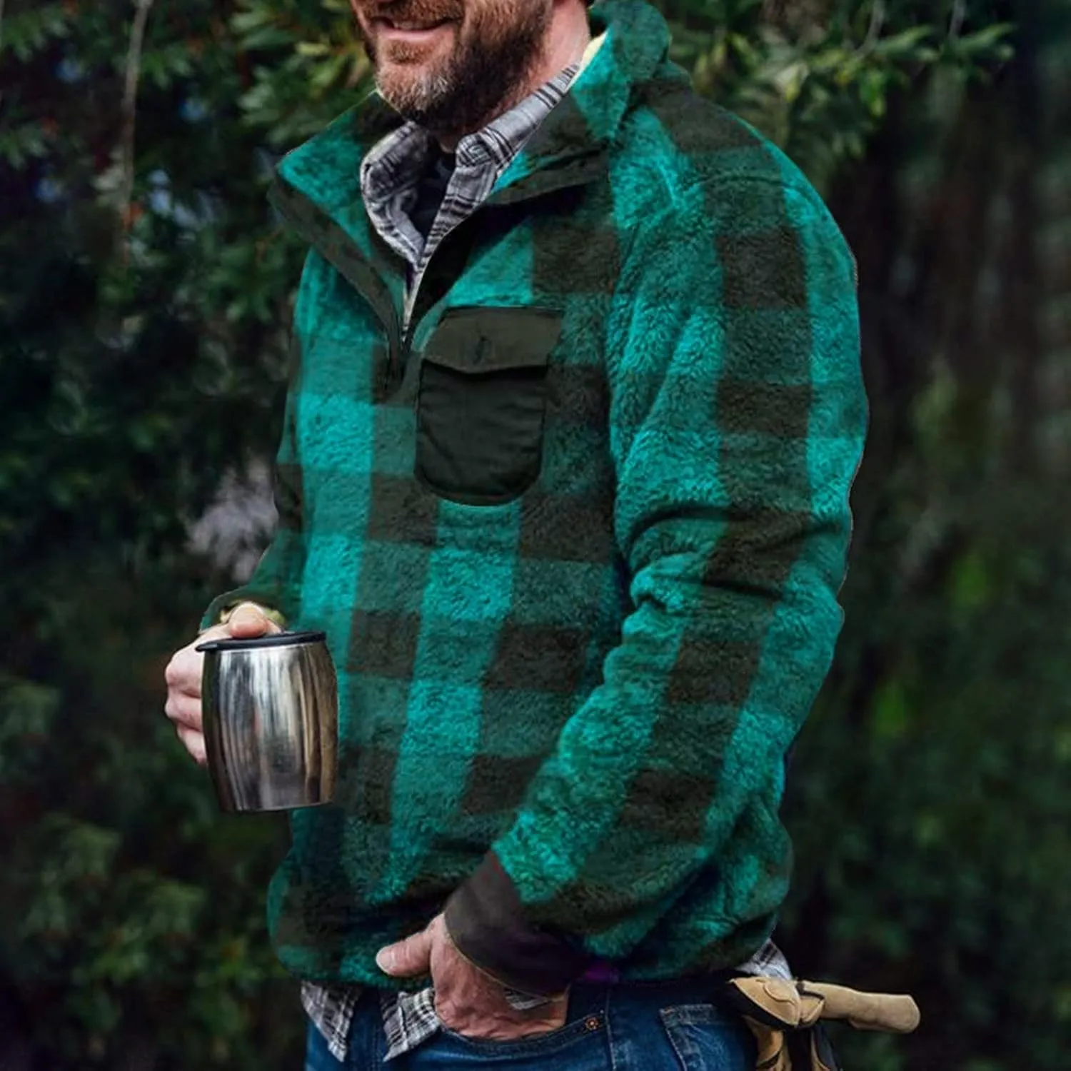 Quilted Lined Flannel Shirt Jacket for Men Hooded Zipper Pocket Long Sleeve Shirt Patchwork Flannel Shirt for Men