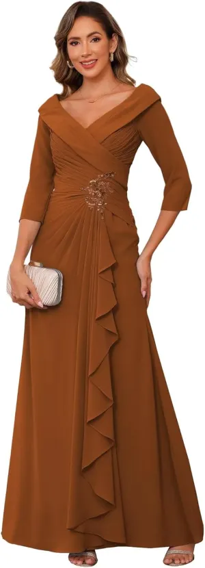 Raseal Chiffon Mother of The Bride Dresses for Wedding with 3/4 Sleeves Long Ruched Applique Formal Dress RS111