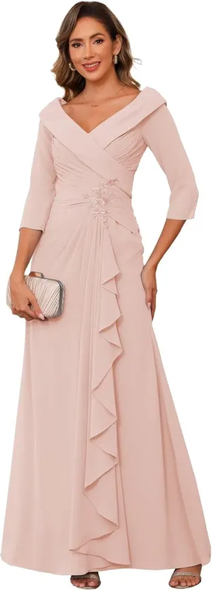 Raseal Chiffon Mother of The Bride Dresses for Wedding with 3/4 Sleeves Long Ruched Applique Formal Dress RS111
