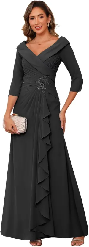 Raseal Chiffon Mother of The Bride Dresses for Wedding with 3/4 Sleeves Long Ruched Applique Formal Dress RS111