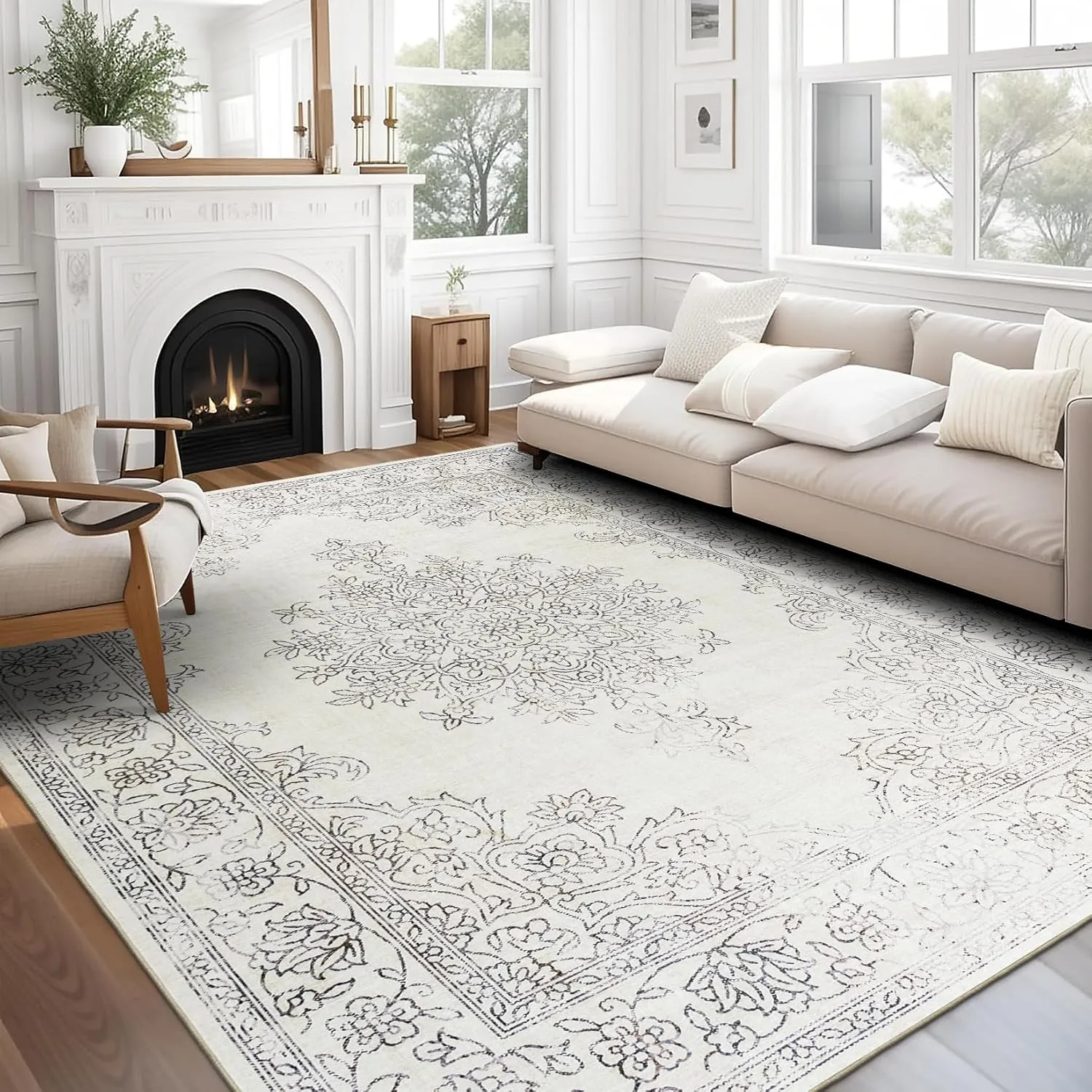 ReaLife Rugs Machine Washable Area Rug - Living Room Bedroom Bathroom Kitchen Entryway Office - Padded Crease Free Stain Resistant Premium - Boho Farmhouse Vintage- Paige- Ivory - 2'x 3'