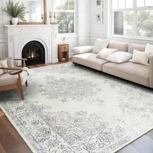ReaLife Rugs Machine Washable Area Rug - Living Room Bedroom Bathroom Kitchen Entryway Office - Padded Crease Free Stain Resistant Premium - Boho Farmhouse Vintage- Paige- Ivory - 2'x 3'