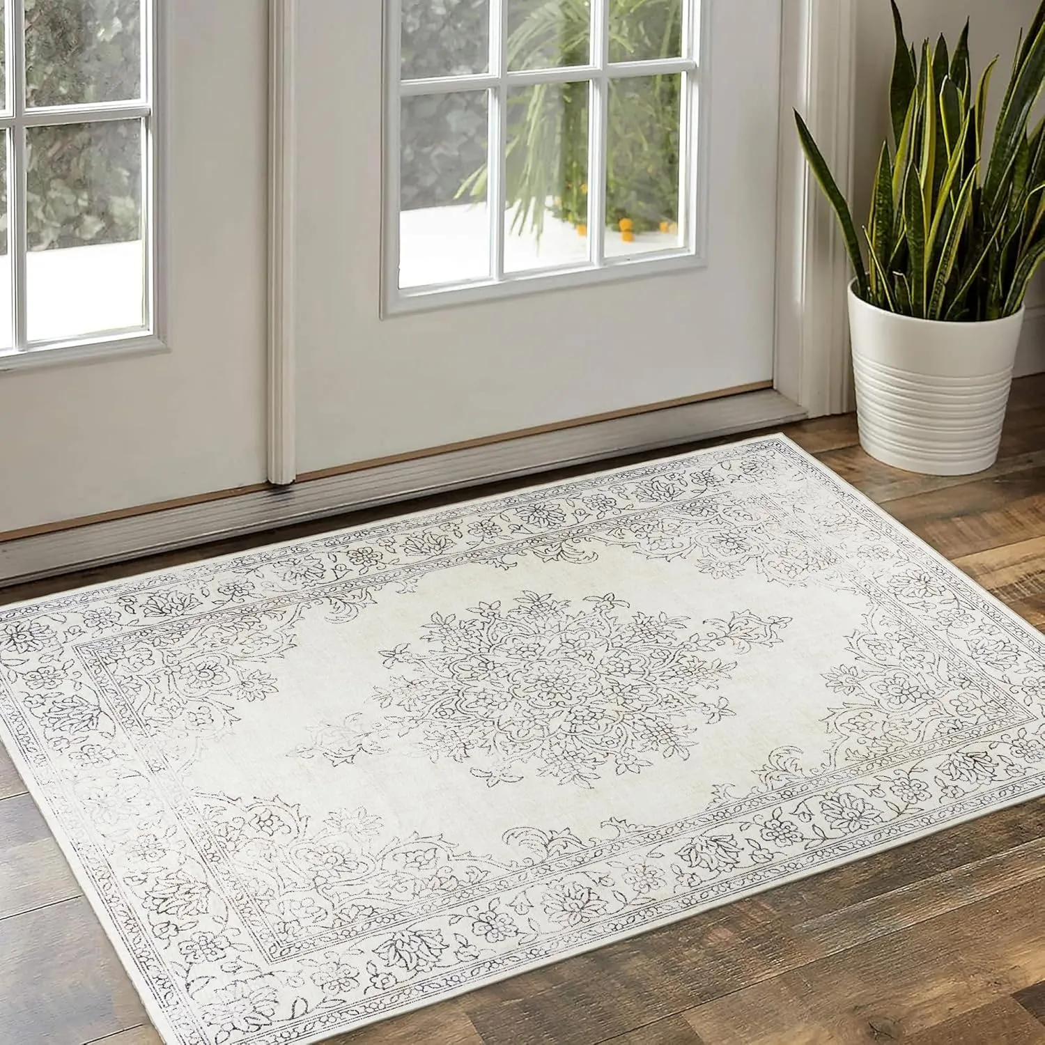 ReaLife Rugs Machine Washable Area Rug - Living Room Bedroom Bathroom Kitchen Entryway Office - Padded Crease Free Stain Resistant Premium - Boho Farmhouse Vintage- Paige- Ivory - 2'x 3'
