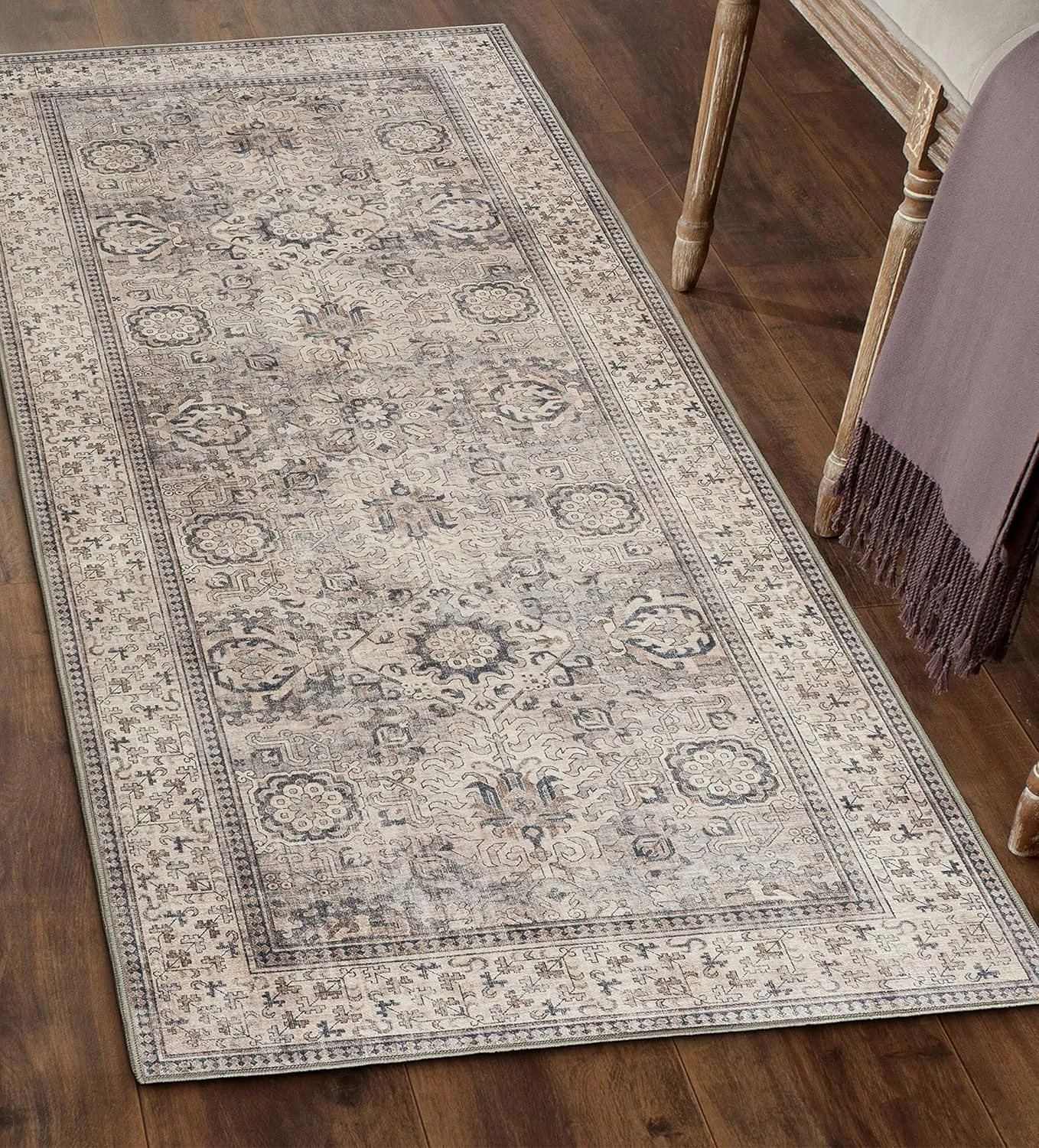 ReaLife Rugs Machine Washable Area Rug - Living Room Bedroom Bathroom Kitchen Entryway Office - Padded Low Pile Stain Resistant Premium - Boho Farmhouse Vintage - Paz - Beige Gray Ivory 2'6" x 10'