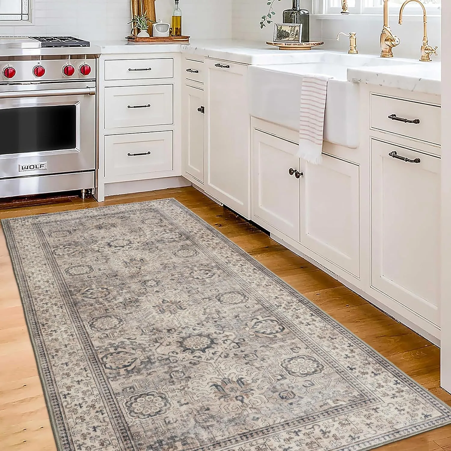 ReaLife Rugs Machine Washable Area Rug - Living Room Bedroom Bathroom Kitchen Entryway Office - Padded Low Pile Stain Resistant Premium - Boho Farmhouse Vintage - Paz - Beige Gray Ivory 2'6" x 10'