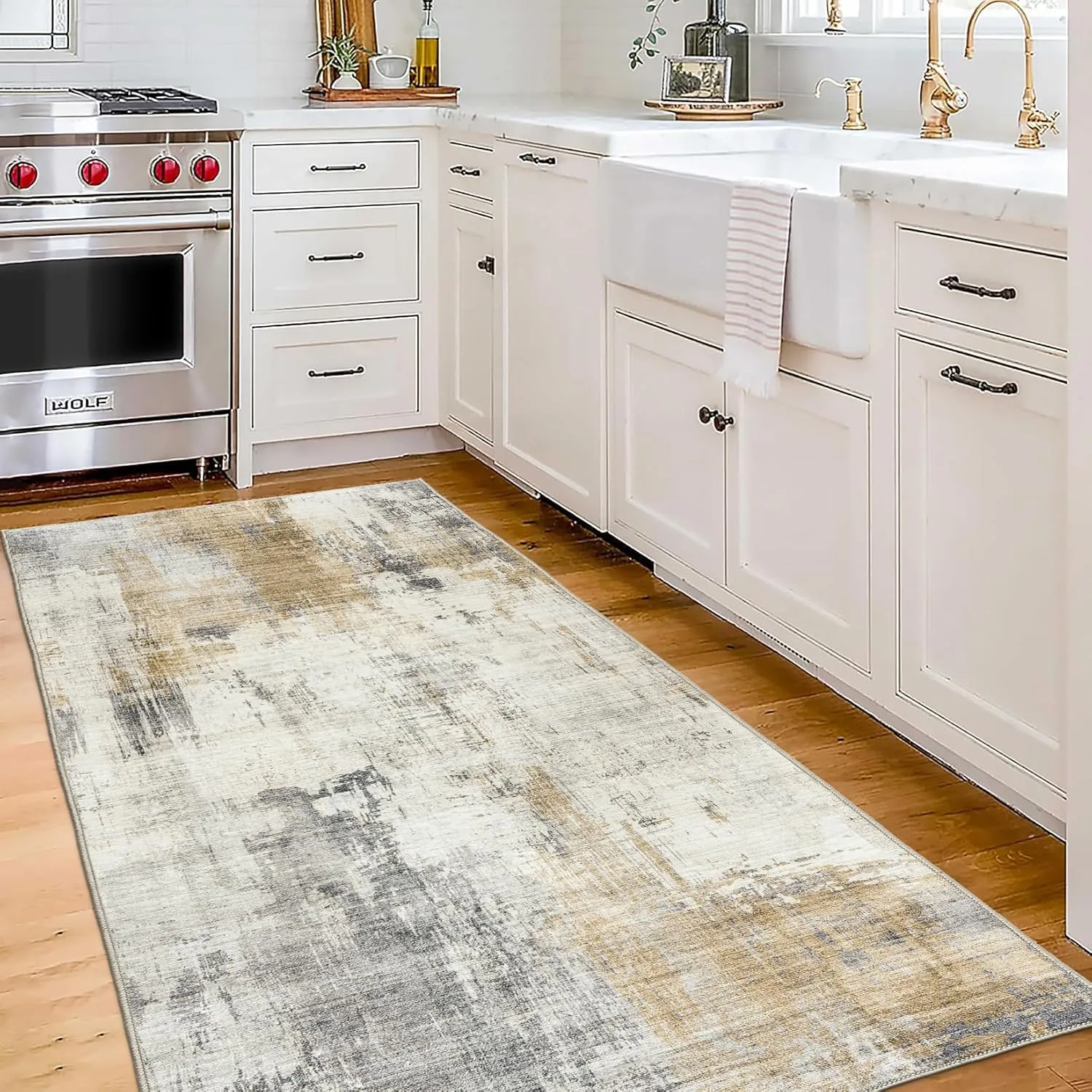 ReaLife Rugs Machine Washable Area Rug Runner - Living Room Bedroom Bathroom Kitchen Entryway Office - Padded Low Pile Stain Resistant Premium - Modern Abstract Contemporary - Quinn - Beige 2'6" x 6'