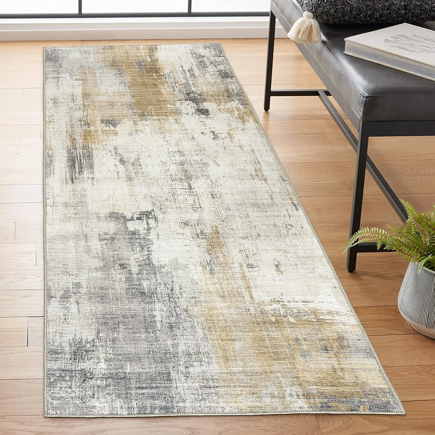 ReaLife Rugs Machine Washable Area Rug Runner - Living Room Bedroom Bathroom Kitchen Entryway Office - Padded Low Pile Stain Resistant Premium - Modern Abstract Contemporary - Quinn - Beige 2'6" x 6'