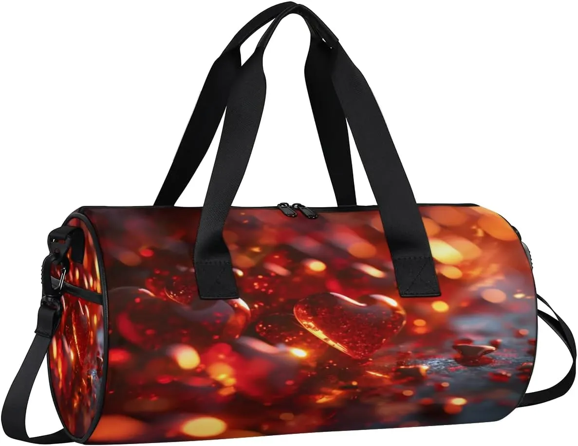 Red Crystal Heart Travel Gym Bag Waterproof Sport Dance Bag for Women Men Portable Gymnastics Duffel Bags Canvas Tote Carry on Handbag for Workout Overnight Weekender