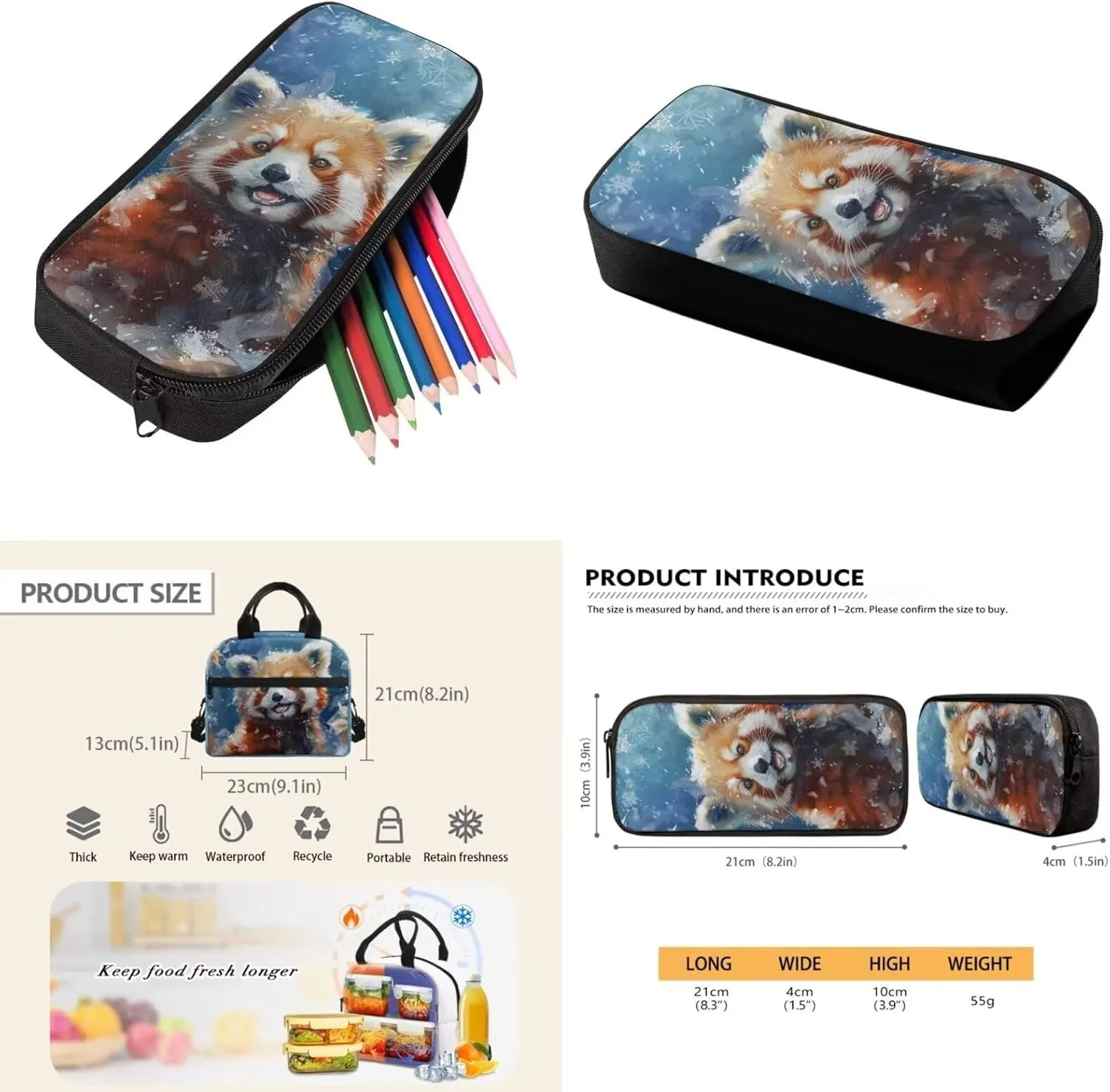 Red Panda Kids Backpack Set for School, Boys Girls School Backpack Set of 3, Large Light Girls Bookbag with Insulated Lunch Bag Kawaii Pencil Case for Elementary Middle School