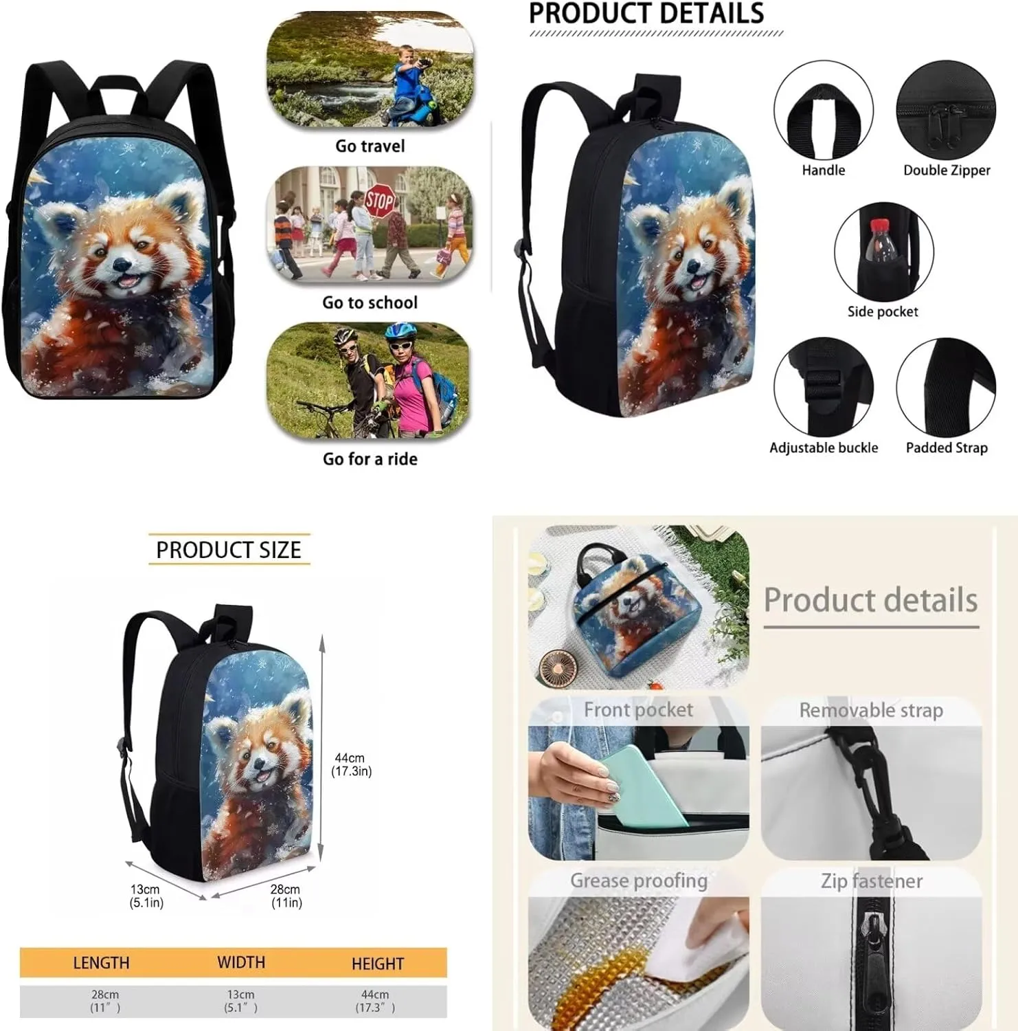 Red Panda Kids Backpack Set for School, Boys Girls School Backpack Set of 3, Large Light Girls Bookbag with Insulated Lunch Bag Kawaii Pencil Case for Elementary Middle School