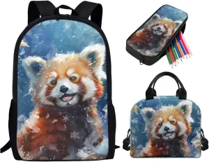 Red Panda Kids Backpack Set for School, Boys Girls School Backpack Set of 3, Large Light Girls Bookbag with Insulated Lunch Bag Kawaii Pencil Case for Elementary Middle School