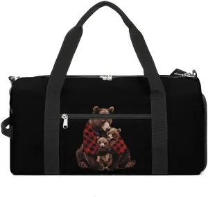 Red Plaid Mama Bear Family Sports Gym Bag for Men Women Travel Duffel Bag with Shoulder Strap