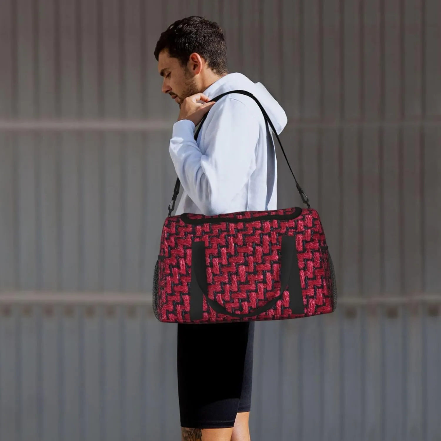 Red Symmetrical Brickwork Travel Duffel Bag Large Foldable Waterproof Overnight Bag For Beach Swim Bags Pool Sports Gym