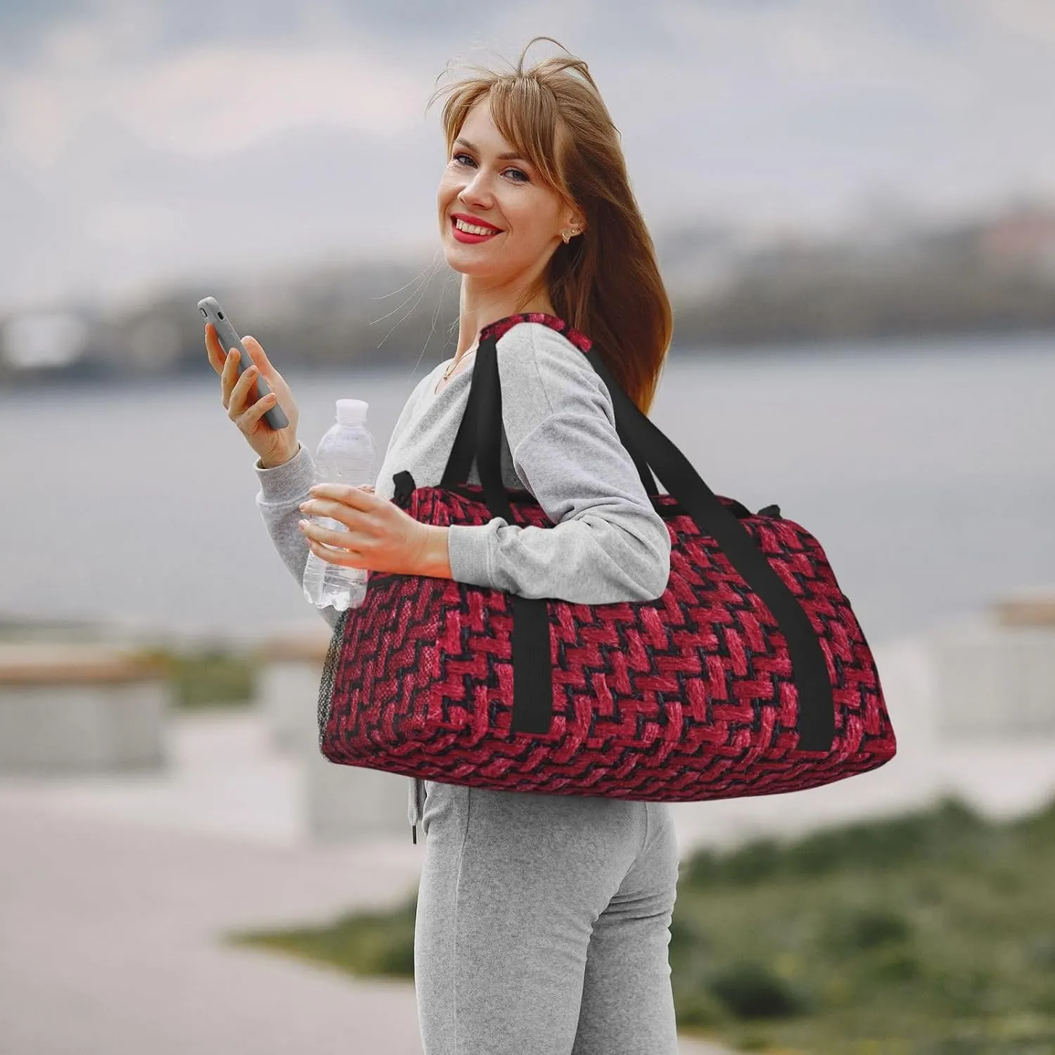 Red Symmetrical Brickwork Travel Duffel Bag Large Foldable Waterproof Overnight Bag For Beach Swim Bags Pool Sports Gym