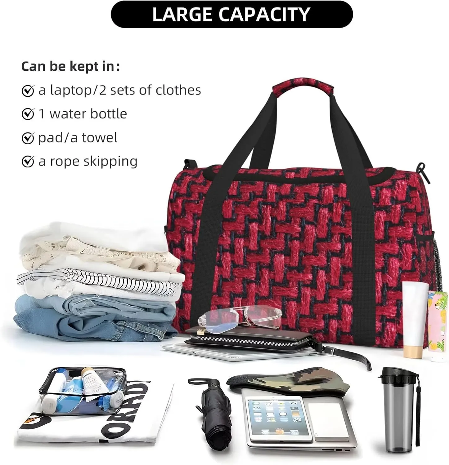 Red Symmetrical Brickwork Travel Duffel Bag Large Foldable Waterproof Overnight Bag For Beach Swim Bags Pool Sports Gym
