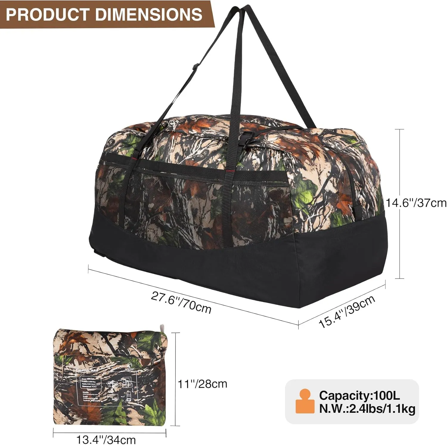REDCAMP Foldable Travel Bag, Large Sports Bag, 75L/96L/100L, Lightweight Waterproof Tote Bag