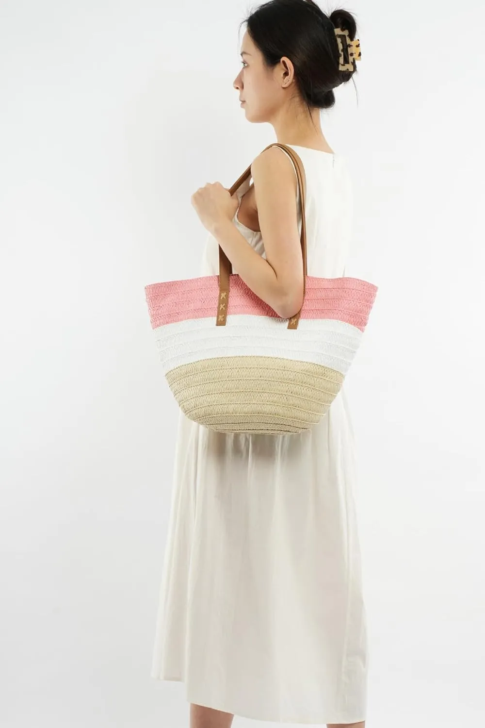 Rejolly Straw Tote Bag for Women Beach Summer Vacation Handbags Large Woven Shoulder Purse with Zipper Leather Handle Purse