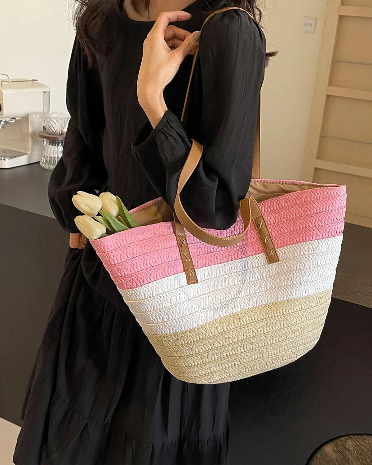 Rejolly Straw Tote Bag for Women Beach Summer Vacation Handbags Large Woven Shoulder Purse with Zipper Leather Handle Purse