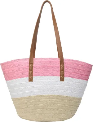 Rejolly Straw Tote Bag for Women Beach Summer Vacation Handbags Large Woven Shoulder Purse with Zipper Leather Handle Purse