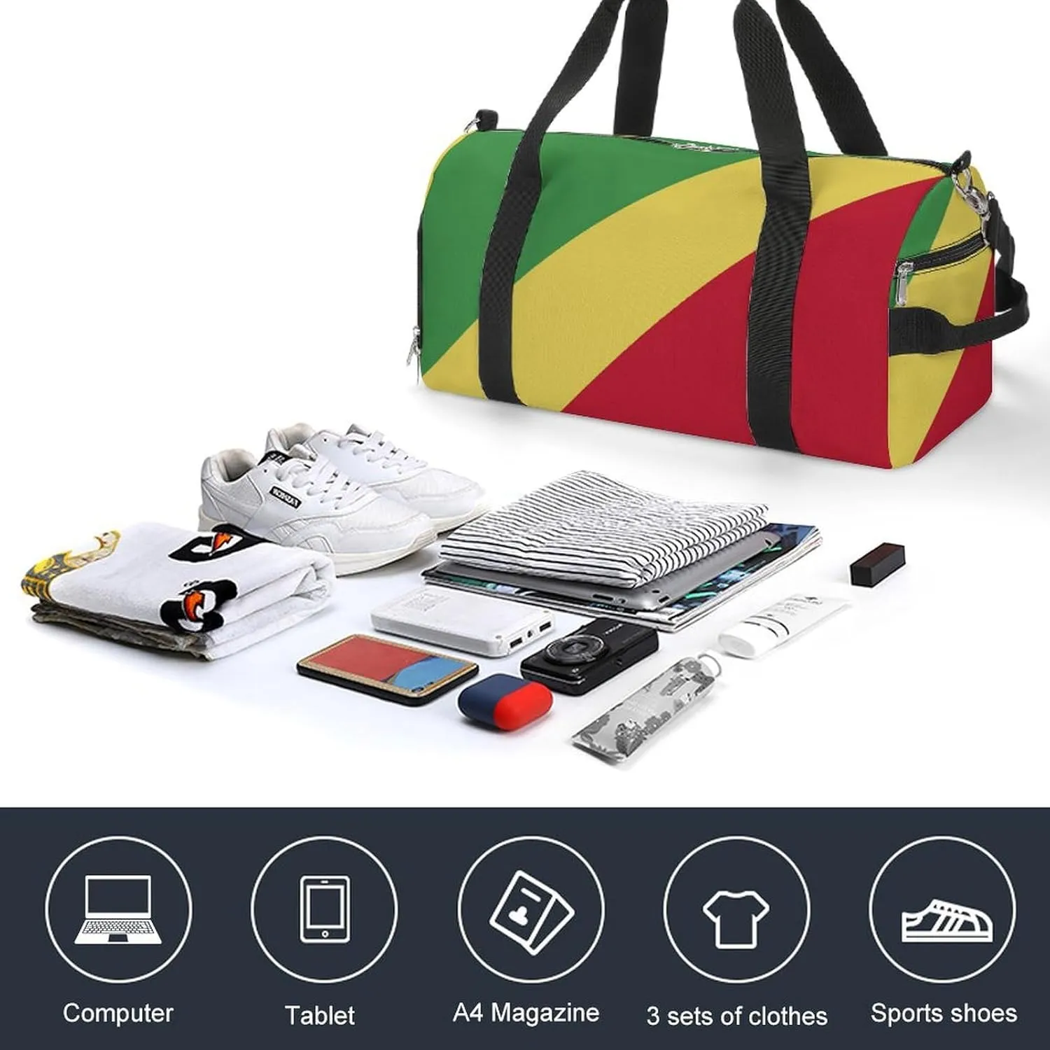 Republic Congo Flag Gym Bag for Men Women with Waterproof Shoe Compartment Travel Tote