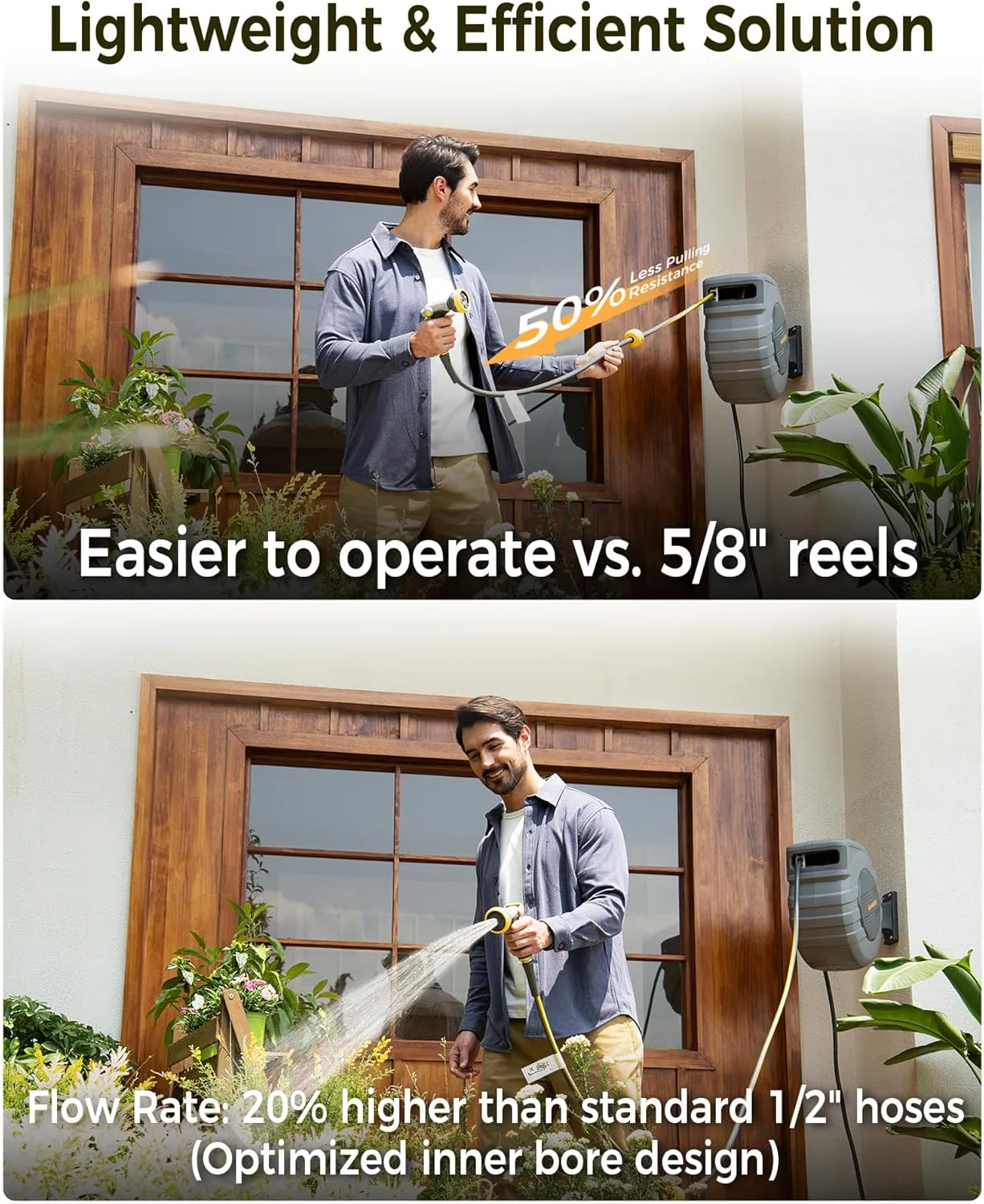 Retractable Garden Hose Reel 1/2 in x 115 ft, 2025 Upgraded Dual Ratchet Lock UV & Freeze Protection Brass Seal Slow Retraction Anti-Tangle Hose 180°Swivel Reinforced Scaffold Wall Mount