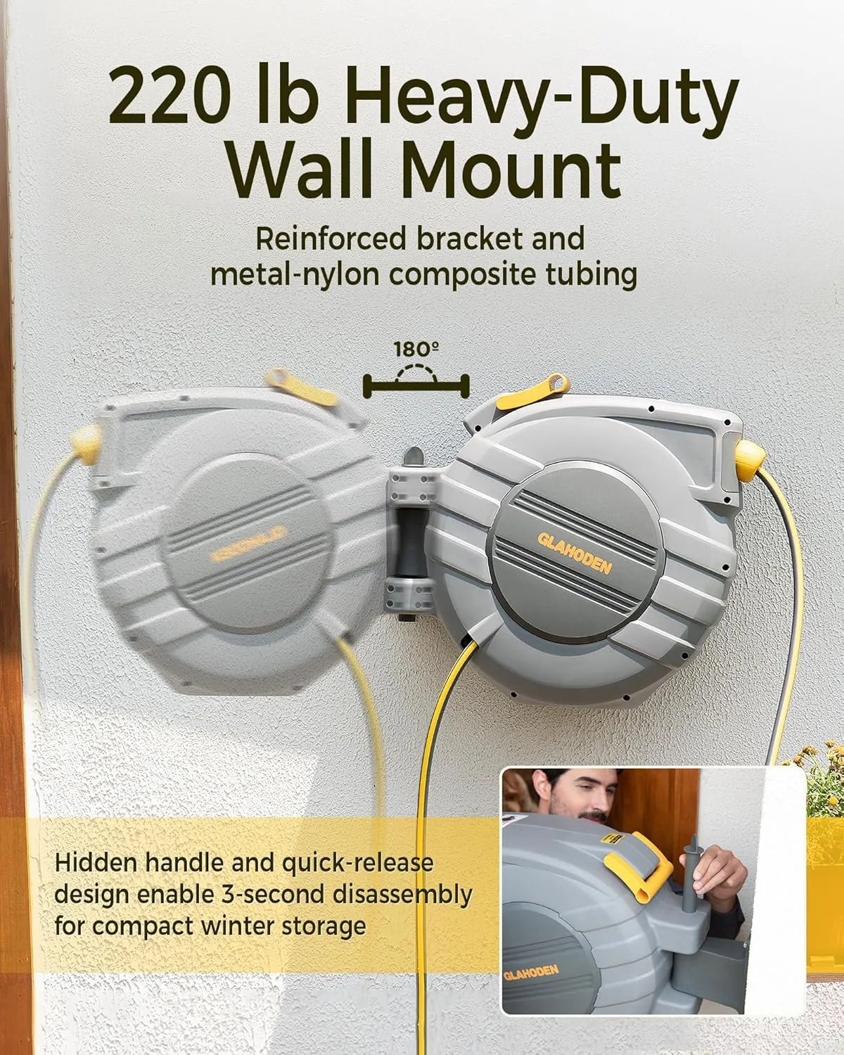 Retractable Garden Hose Reel 1/2 in x 115 ft, 2025 Upgraded Dual Ratchet Lock UV & Freeze Protection Brass Seal Slow Retraction Anti-Tangle Hose 180°Swivel Reinforced Scaffold Wall Mount