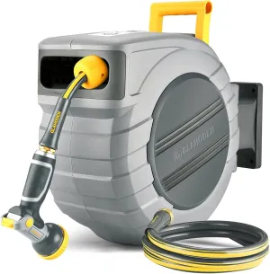 Retractable Garden Hose Reel 1/2 in x 115 ft, 2025 Upgraded Dual Ratchet Lock UV & Freeze Protection Brass Seal Slow Retraction Anti-Tangle Hose 180°Swivel Reinforced Scaffold Wall Mount