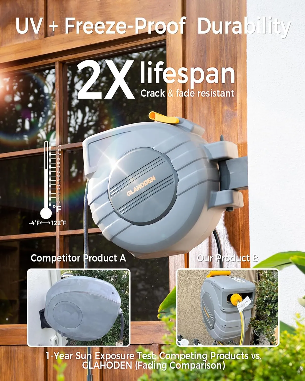 Retractable Garden Hose Reel 1/2 in x 115 ft, 2025 Upgraded Dual Ratchet Lock UV & Freeze Protection Brass Seal Slow Retraction Anti-Tangle Hose 180°Swivel Reinforced Scaffold Wall Mount