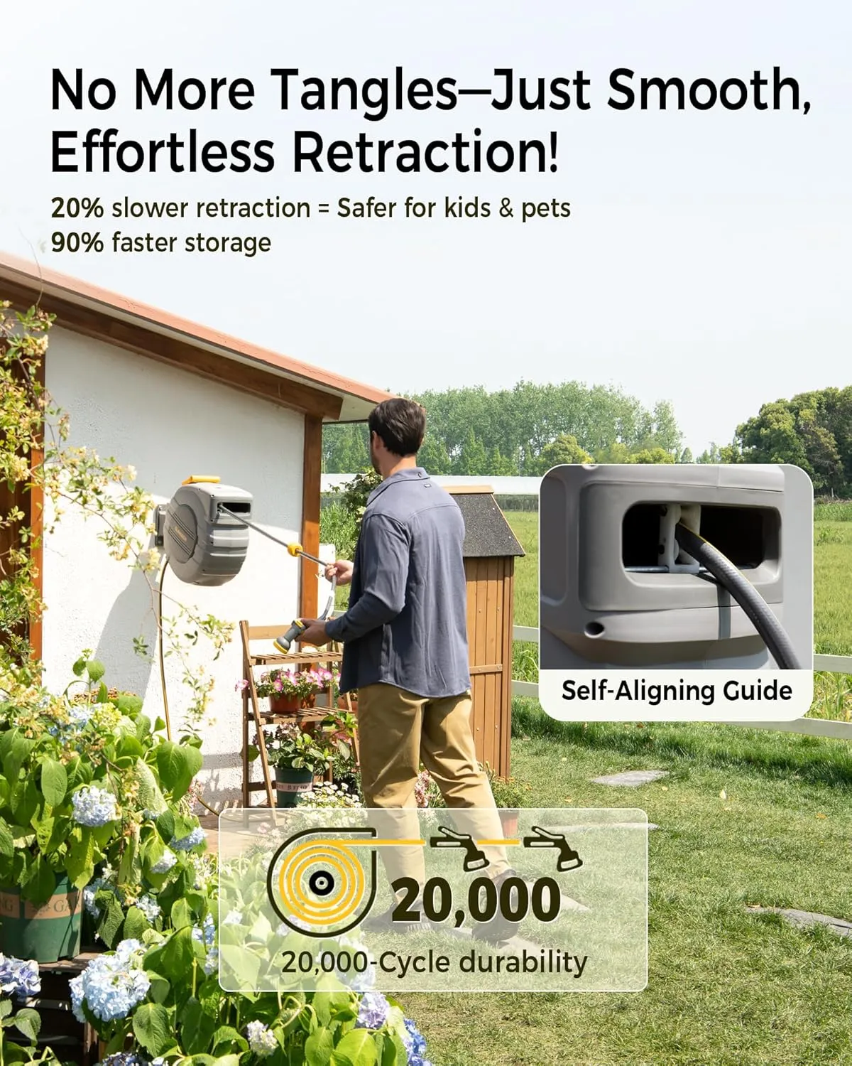 Retractable Garden Hose Reel 1/2 in x 115 ft, 2025 Upgraded Dual Ratchet Lock UV & Freeze Protection Brass Seal Slow Retraction Anti-Tangle Hose 180°Swivel Reinforced Scaffold Wall Mount
