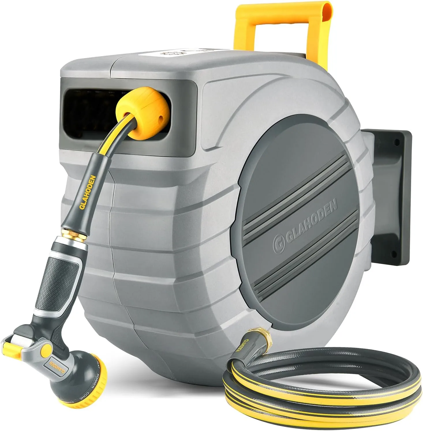 Retractable Garden Hose Reel 1/2 in x 130 ft, 2025 Upgraded Dual Ratchet Lock UV & Freeze Protection Brass Seal Slow Retraction Anti-Tangle Hose 180°Swivel Reinforced Scaffold Wall Mount