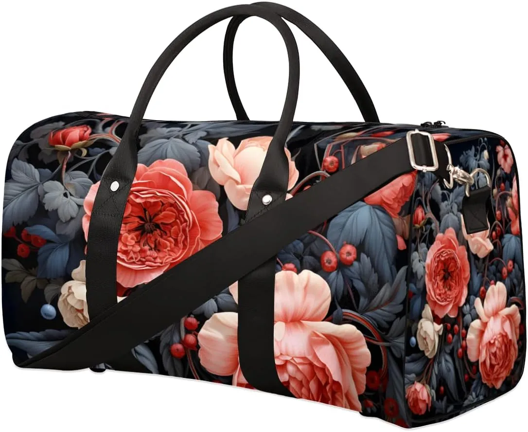 Retro Flower Travel Duffle Bag for Women Men Gym Duffel Foldable Bag Waterproof Weekender Green Leaves Duffle Tote